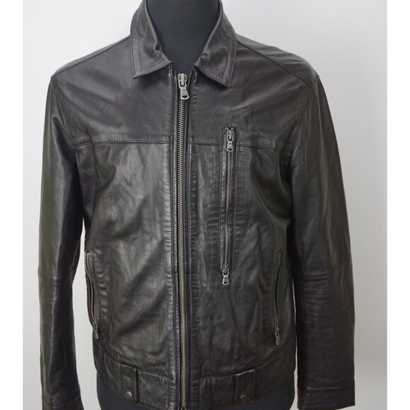 John Varvatos Black Zip Biker Motorcycle Leather Jacket Coat Sz M NEW